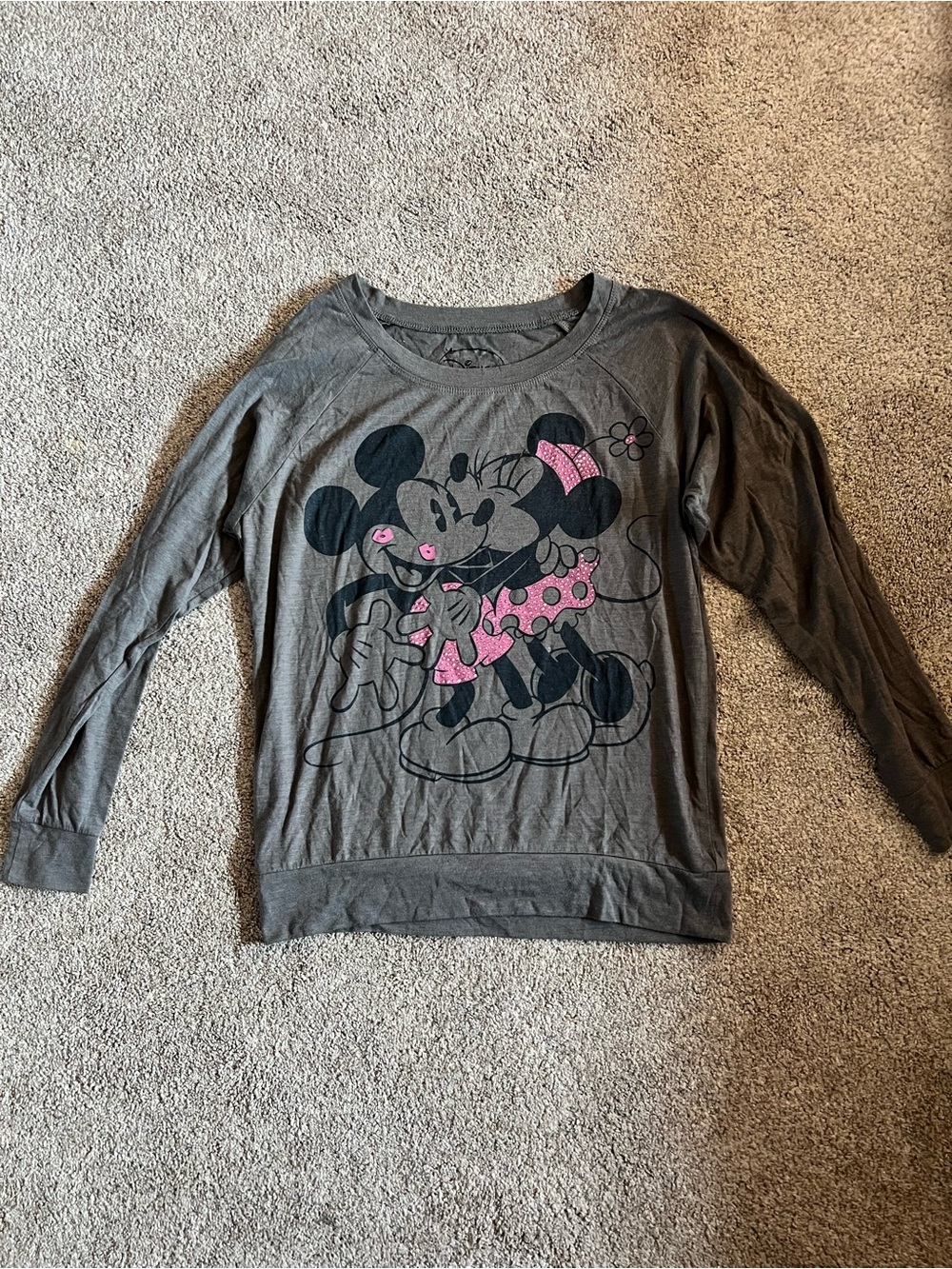 Gray Minnie Mouse Graphic Lightweight Sweatshirt with Pink Rhinestone Accents S